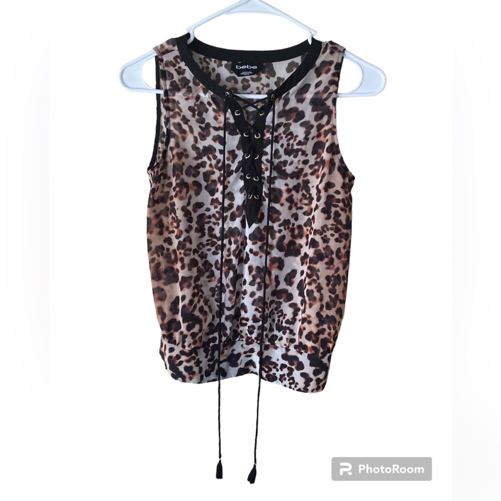 BEBE animal print lace up sleeveless sheer blouse size xx small